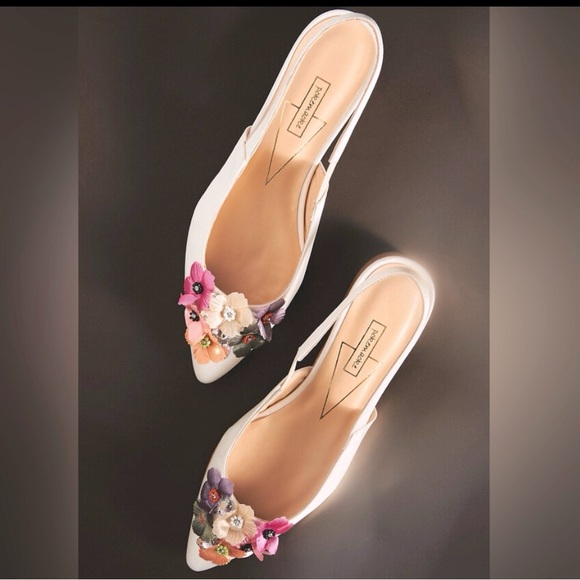 New Pokemaoke x BHLDN Alta 3D Flowers 6 Ivory Satin Floral Slingback Formal - Picture 8 of 12
